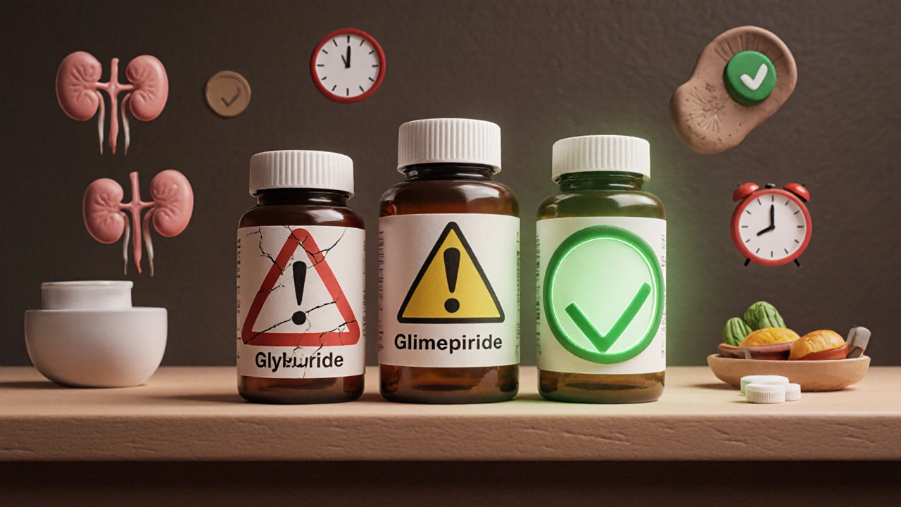 Three sulfonylurea pill bottles ranked by hypoglycemia risk at pharmacy counter, clay rendering style.