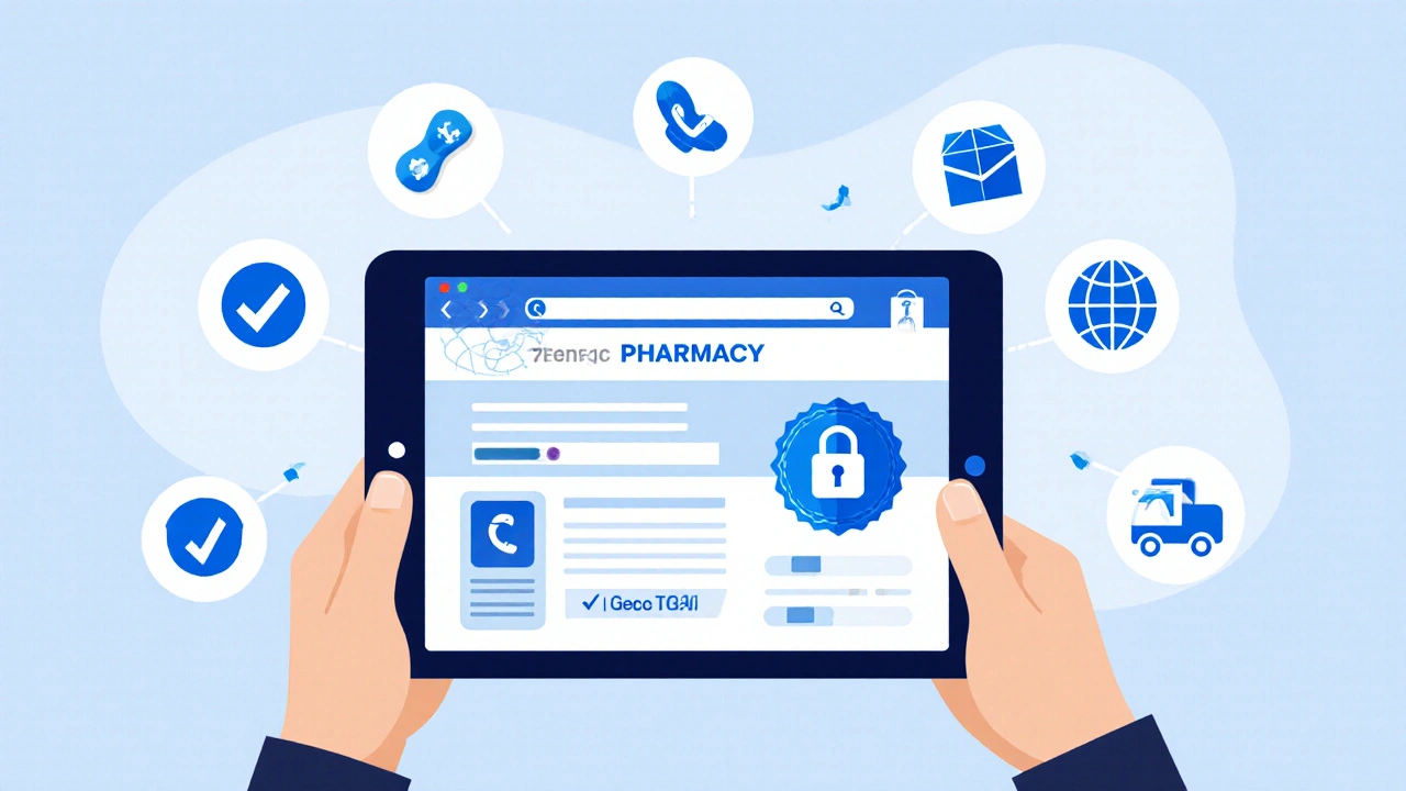User checks pharmacy website on tablet, verifying address, phone and security icons.