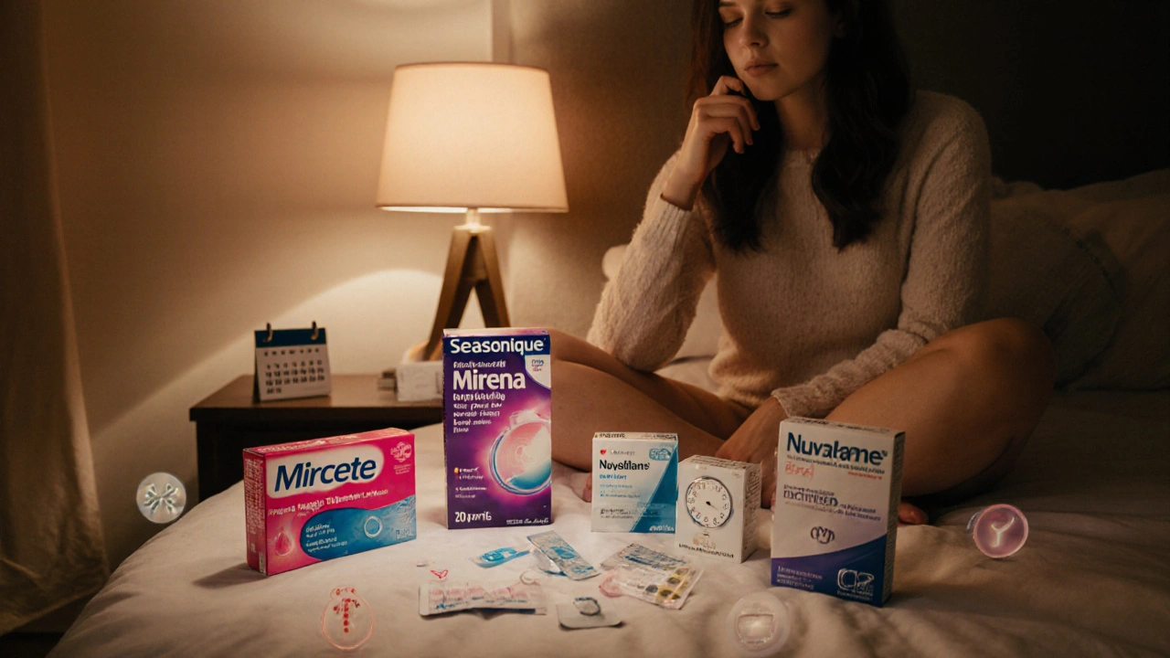 Woman at nightstand reviewing various contraceptive options with lifestyle symbols nearby.