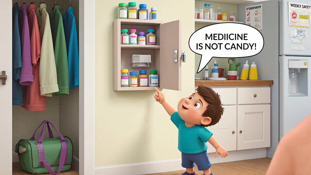 A child looking up at a locked medicine cabinet while a parent explains medicine safety.