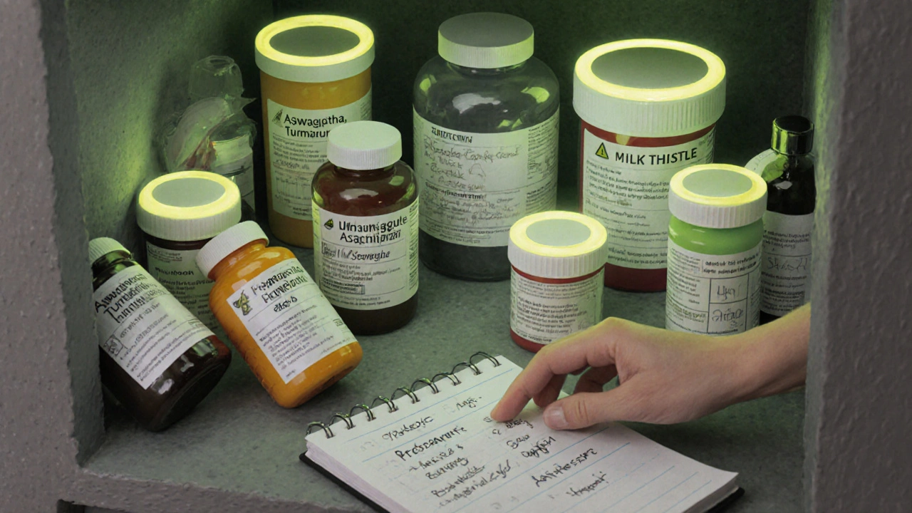 A medicine cabinet spilling supplements, with prescription bottles glowing in caution, and symptoms written in a notebook.