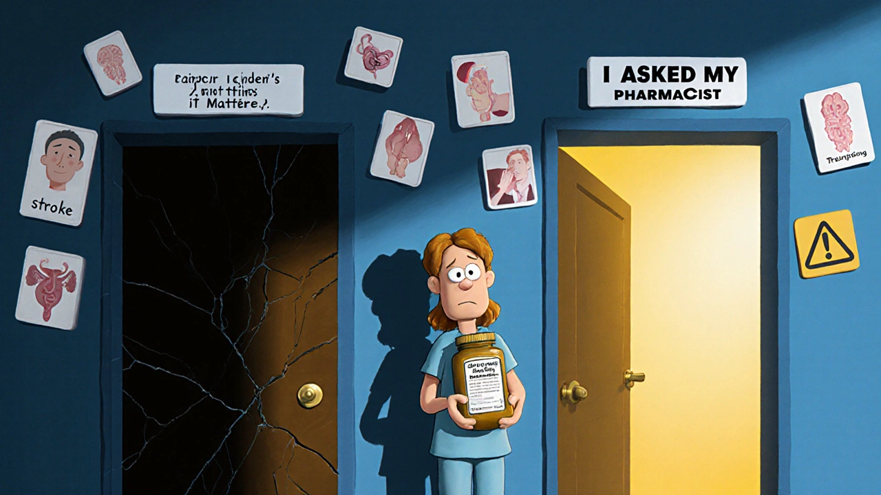 A patient caught between two doors—one dangerous, one safe—while floating icons show health risks from herbal interactions.