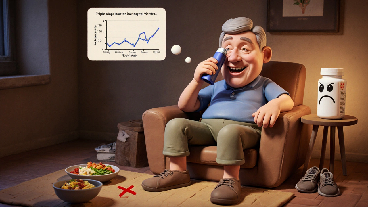 A patient using a triple inhaler happily at home, with healthy food and shoes nearby, while Daliresp is marked with an X.