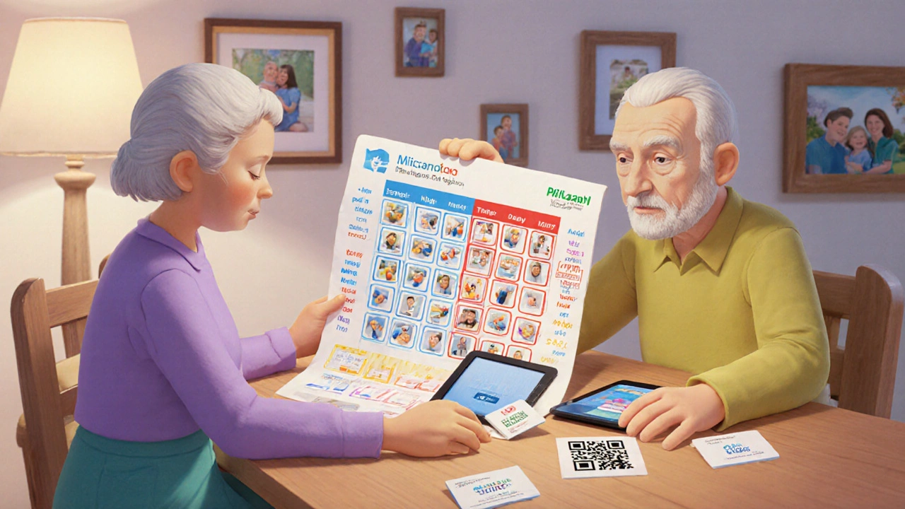 Caregiver and elderly person reviewing a color-coded pill chart with photos and a tablet nearby.
