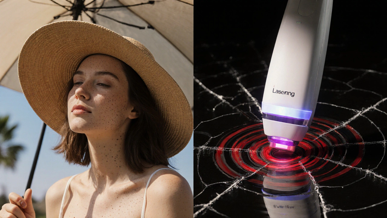 Contrast of safe sun protection vs. harmful laser treatment worsening melasma.