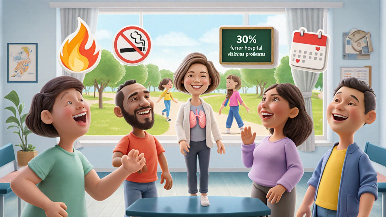 Diverse patients in a pulmonary rehab class breathing together, with icons of health and a sunny park in the background.