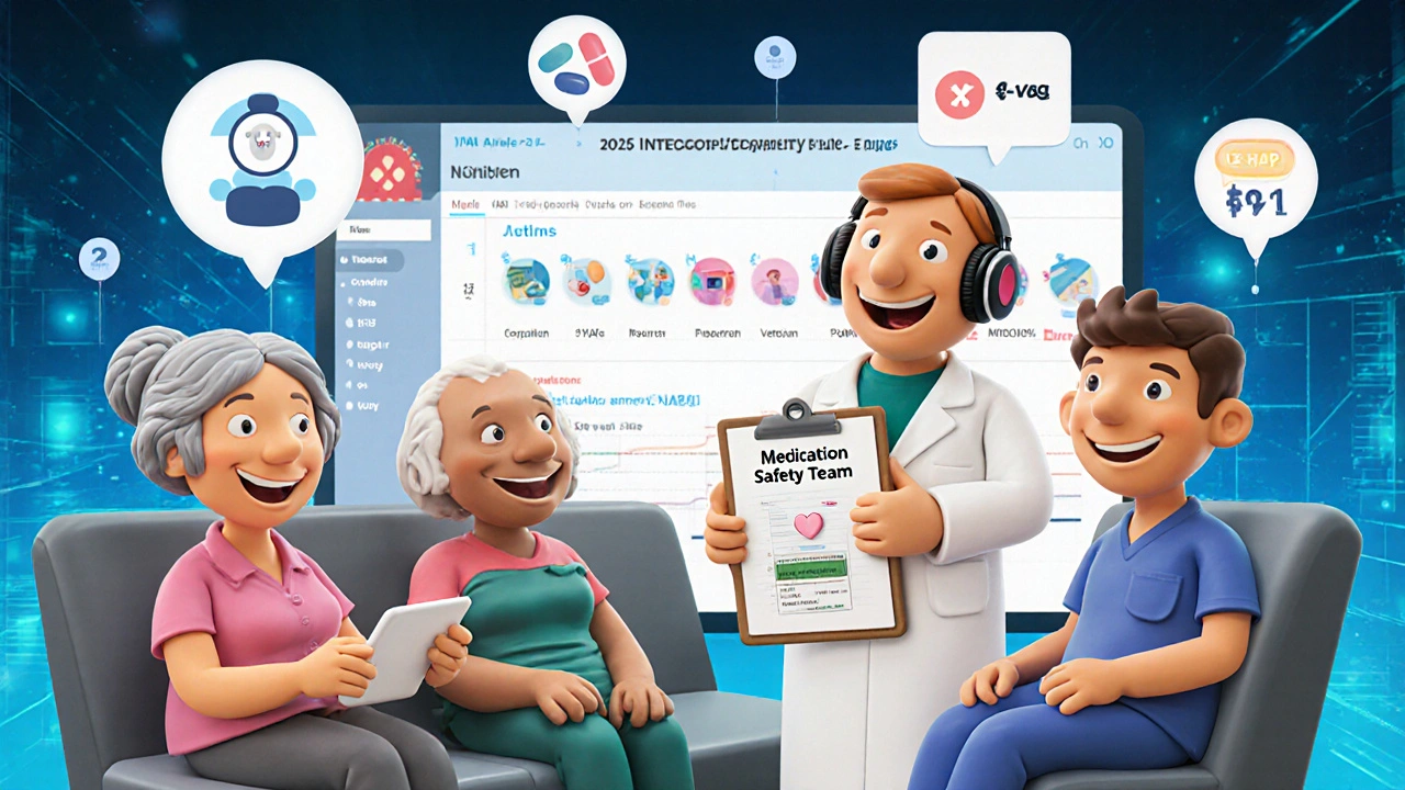 Diverse patients receiving medication answers from a pharmacist avatar through a secure portal.