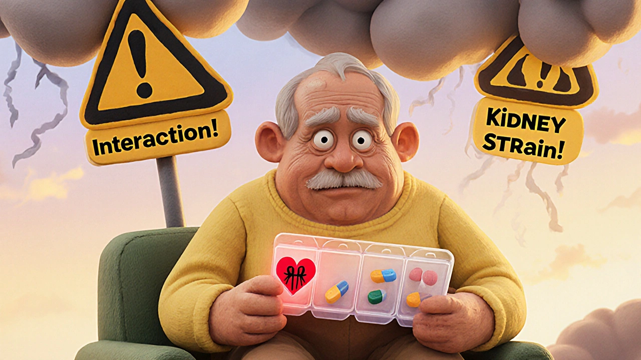 Elderly person surrounded by multiple medications with warning signs above in clay animation style