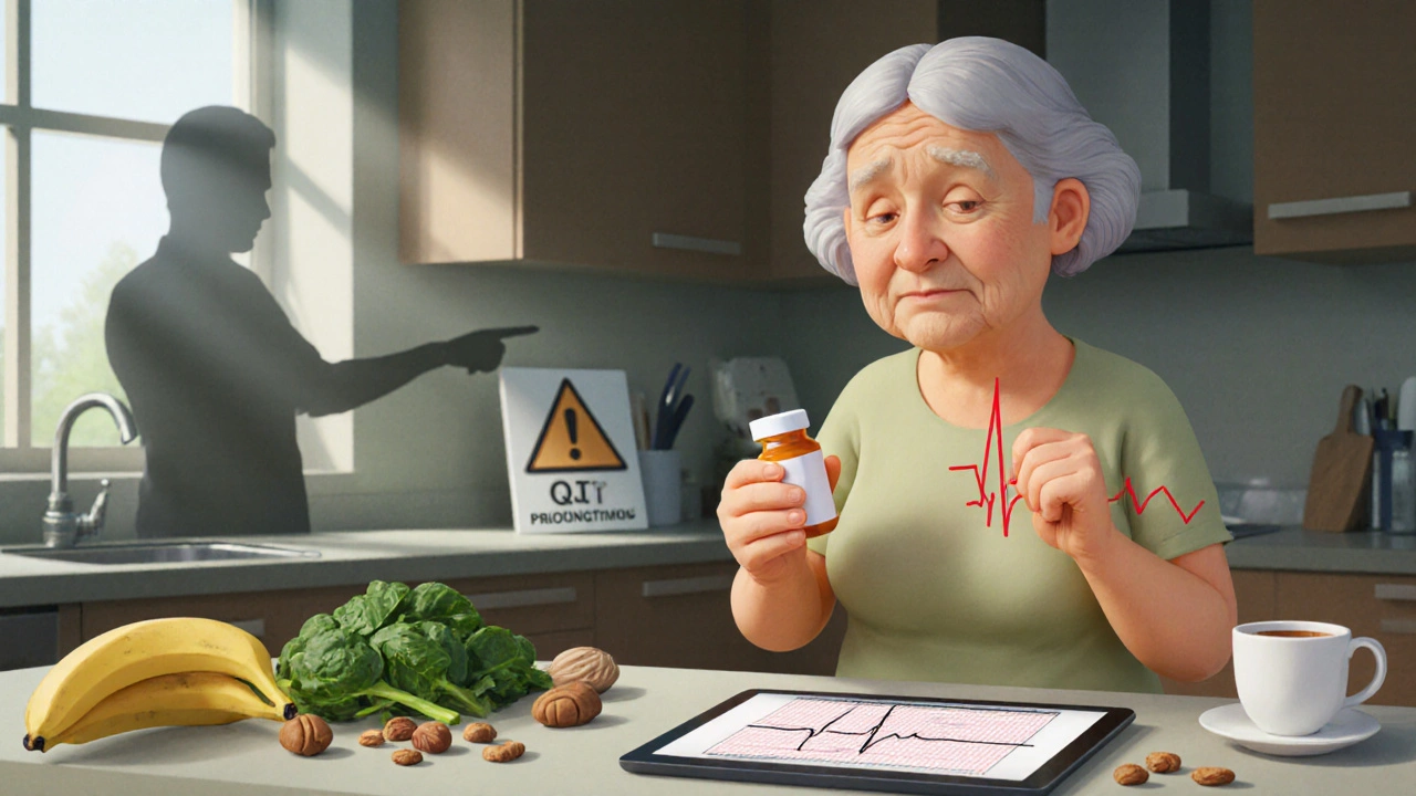Elderly woman checking her pulse with medication bottles and healthy foods on the counter.