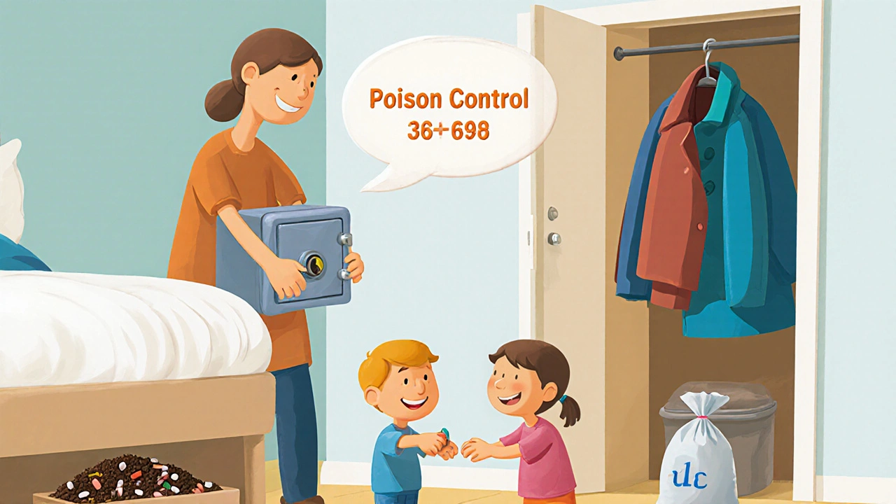 Family checking under the bed for pills during a weekly safety routine, visitor’s coat safely stored.