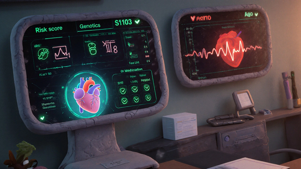 Futuristic medical dashboard showing personalized heart arrhythmia risk factors in clay style.