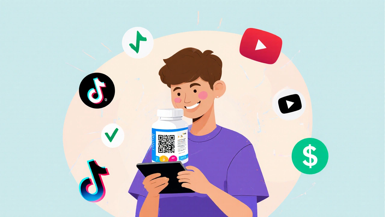 Gen Z teen scanning QR code on generic pill bottle with digital data animations floating around
