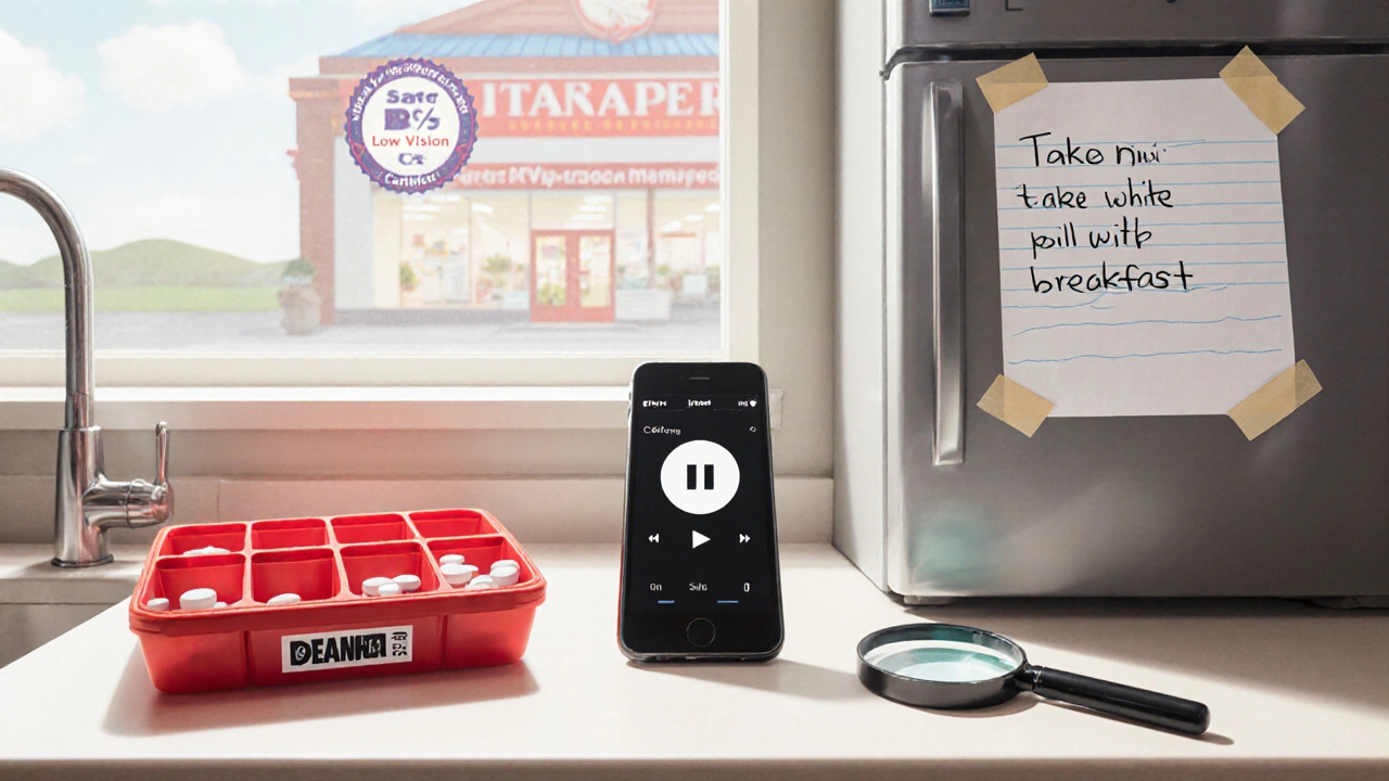 Kitchen counter with large-print pill organizer, voice reminder phone, and handwritten medication list on fridge.