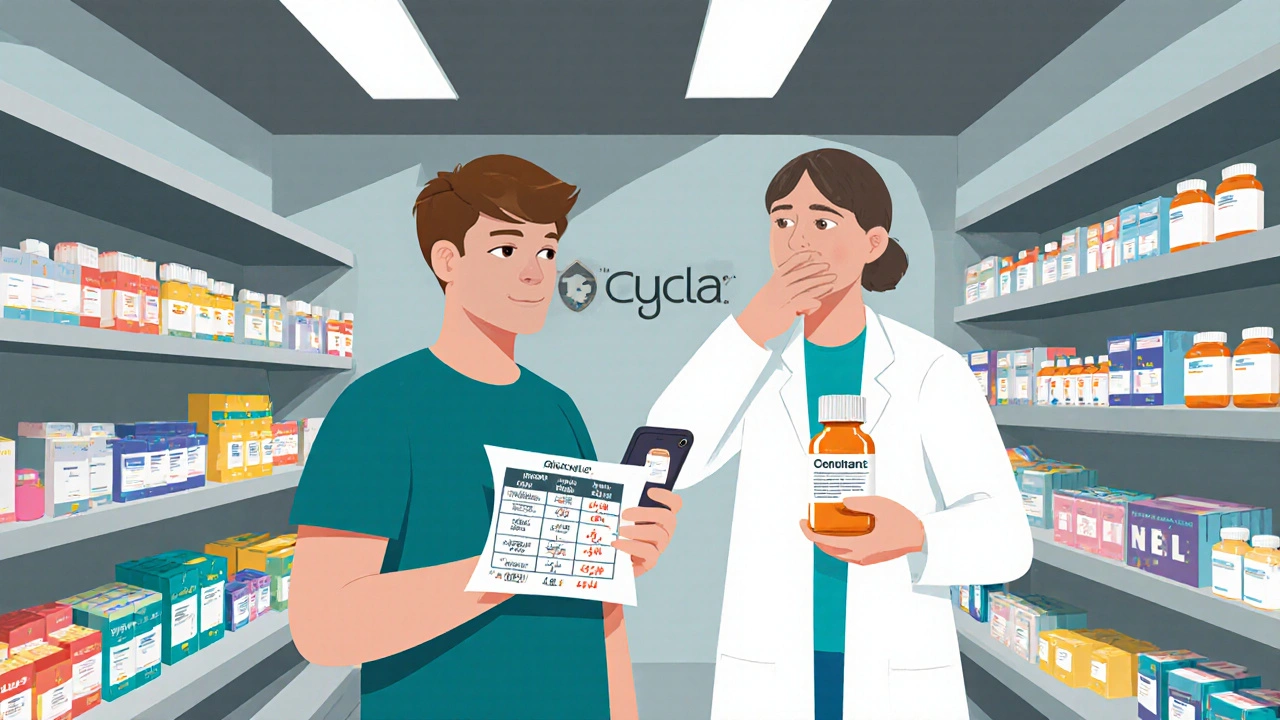 Millennial in pharmacy comparing drug prices on smartphone while pharmacist offers generic