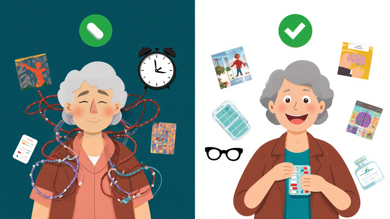 Older woman taking a DOAC pill with healthy lifestyle icons around her, contrasting with outdated warfarin treatment.