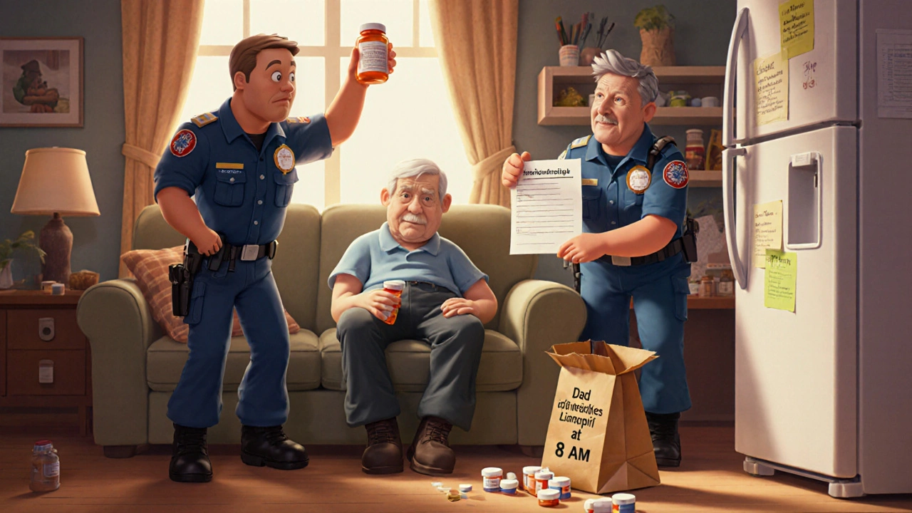 Paramedics using a printed medication list taped to the fridge while helping a senior at home.