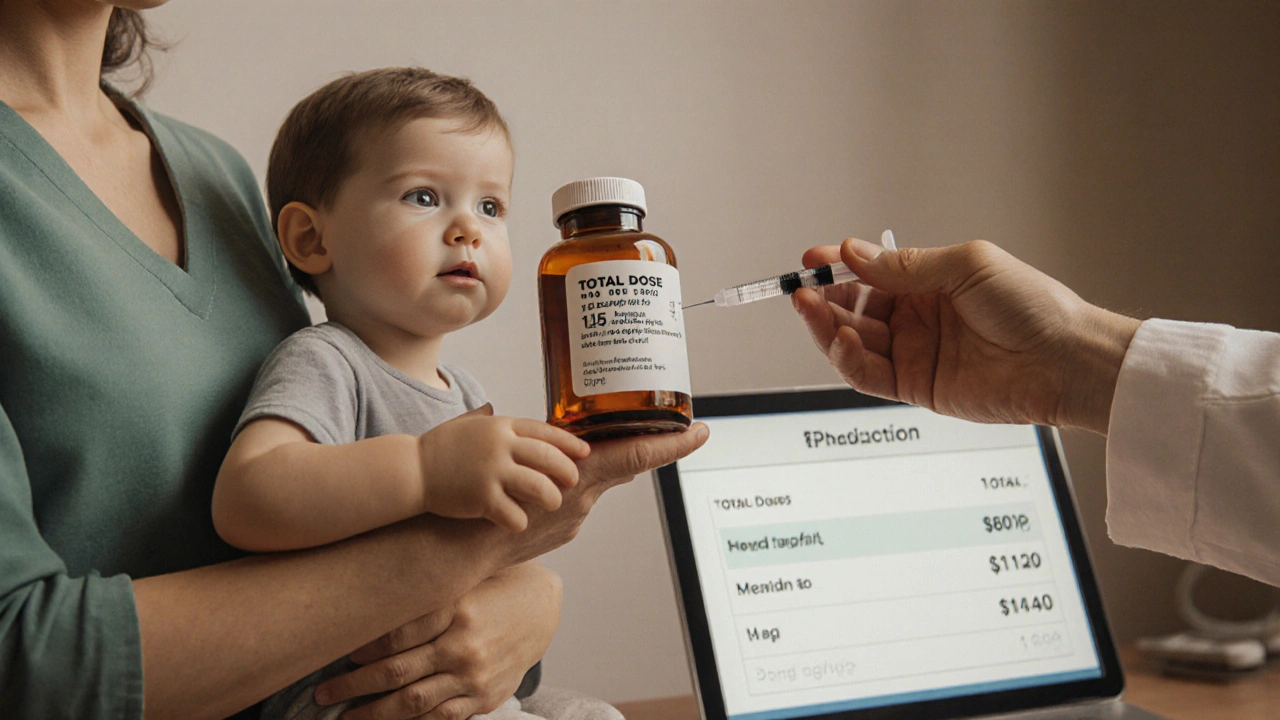 Parent receiving liquid medication with correct syringe from pharmacist