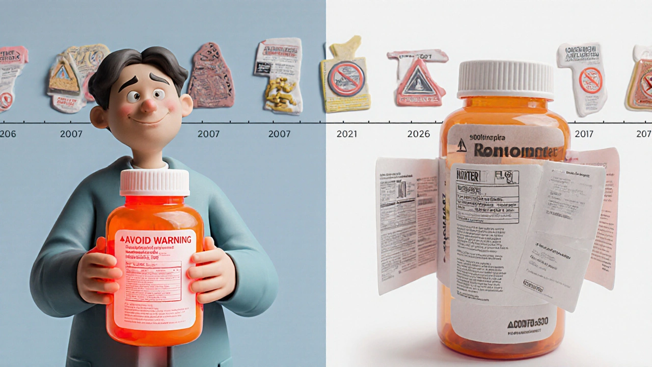 Patient holding prescription with warning label as transparent drug label reveals hidden safety text.