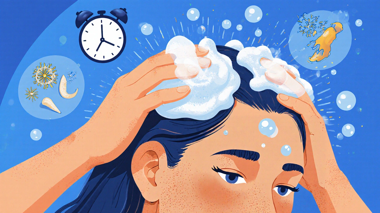 Person massaging shampoo into scalp with active ingredients visualized as glowing trails and time passing.