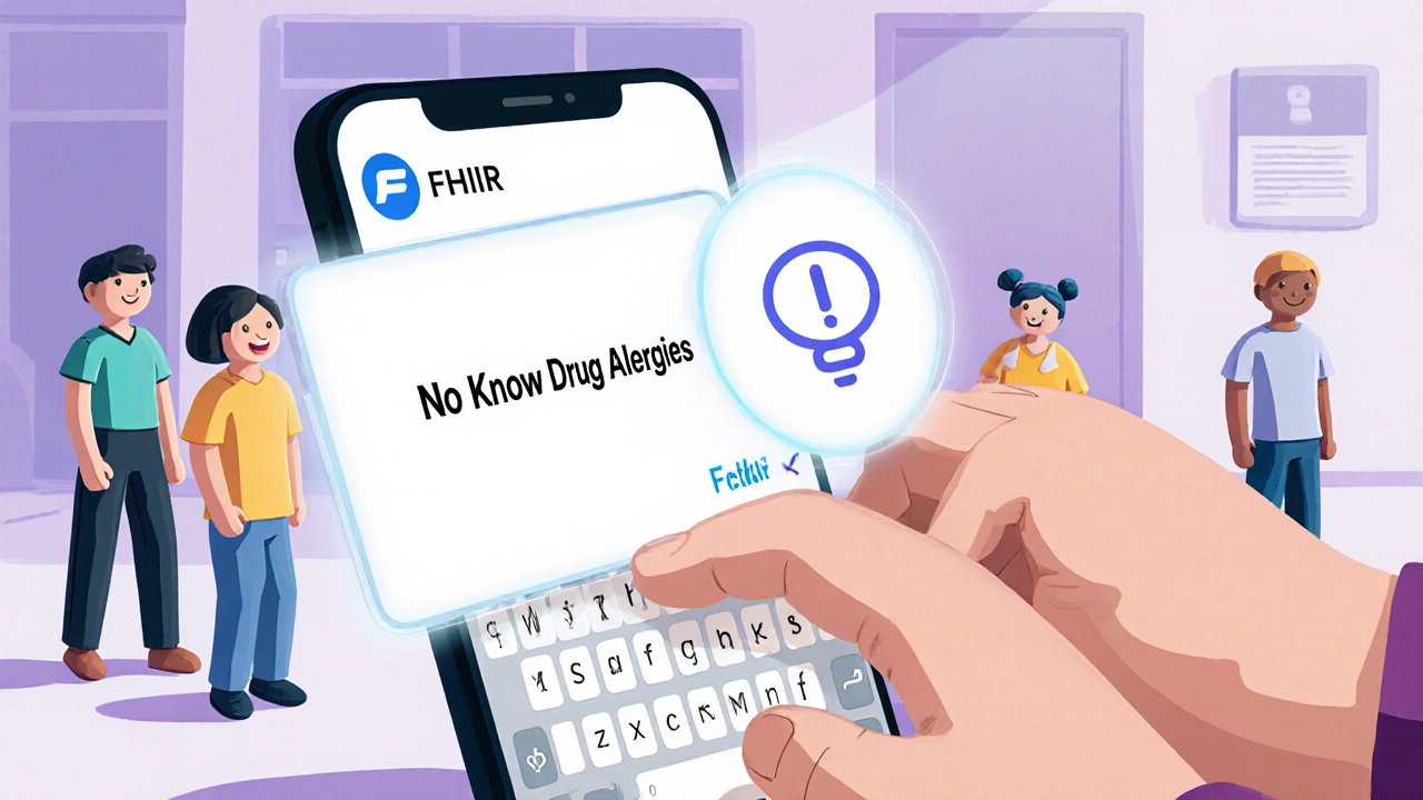 Person updating their digital medical record with &#039;No Known Drug Allergies&#039; on smartphone.