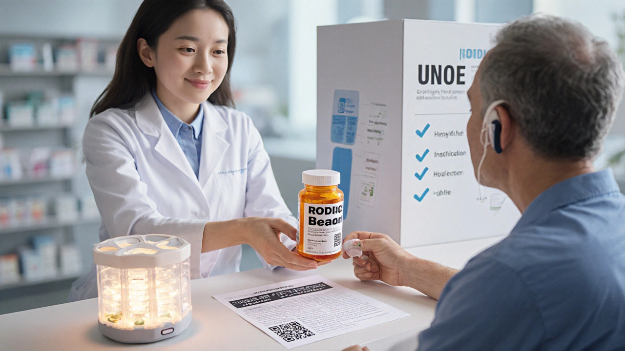 Pharmacist handing a large-print prescription to a customer with hearing aid, smart dispenser in background.
