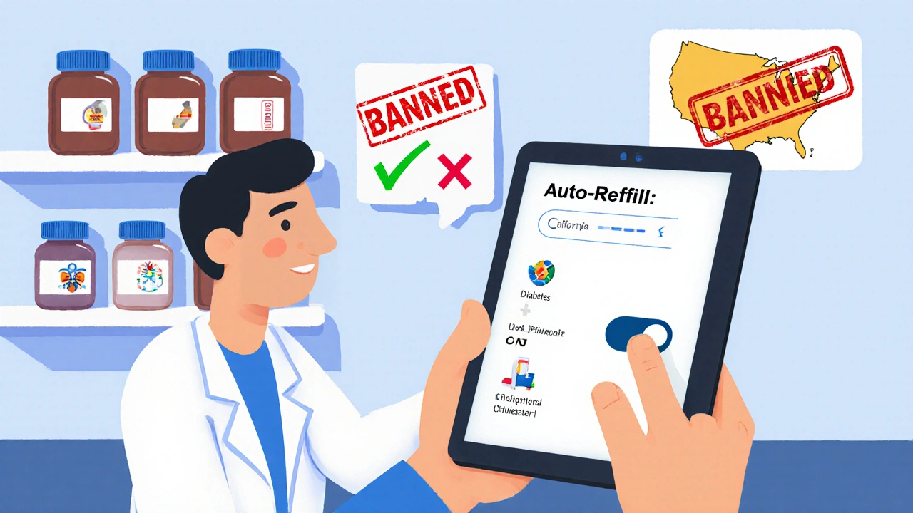 Pharmacist helping patient enable auto-refill on tablet, with state-specific policy icons in background.