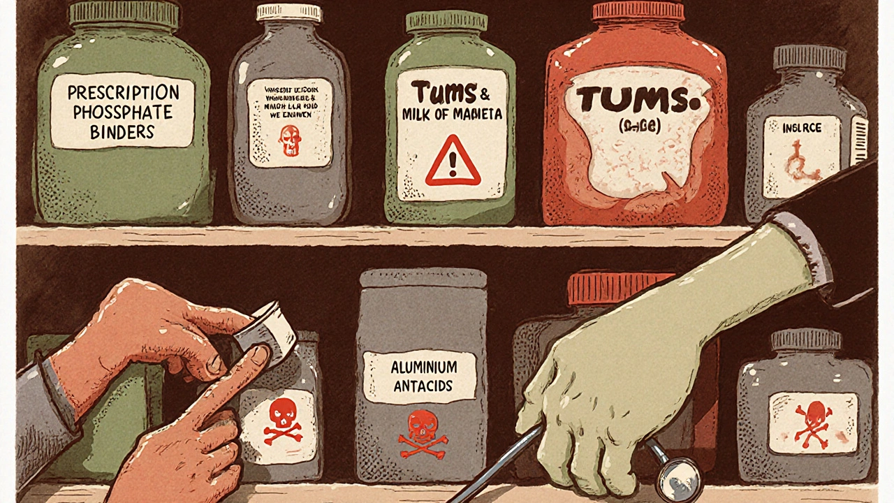 Pharmacy shelf showing prescription binders, over-the-counter antacids, and dangerous aluminum options.