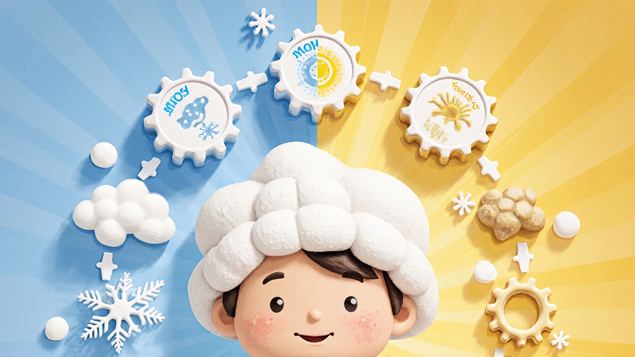 Seasonal transition of scalp health from winter flaking to spring control with sunlight and weekly shampoo routine.