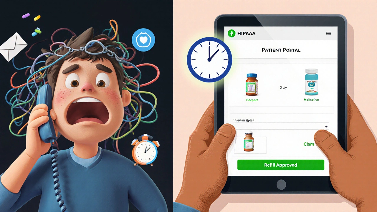 Side-by-side comparison of chaotic phone call vs. calm secure messaging for medication questions.