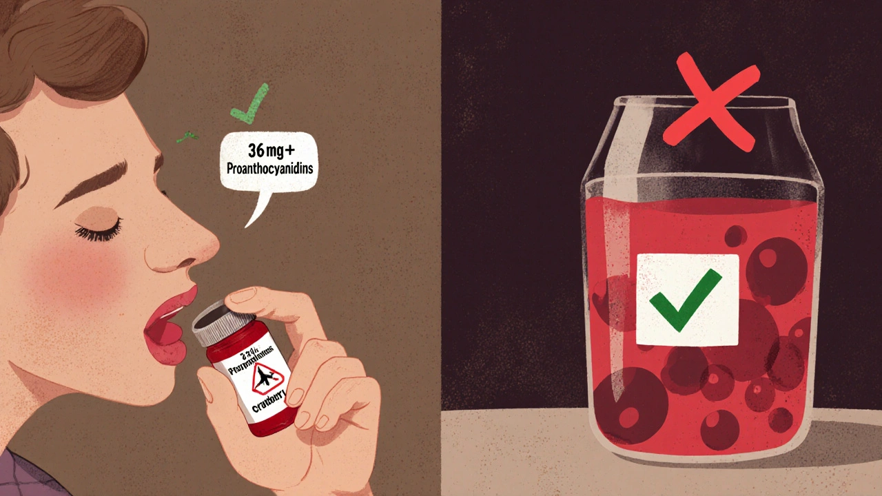 Split scene: cranberry supplement with warning vs. regular juice with checkmark.