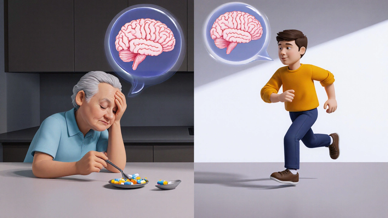 Split scene: one person drowsy from Benadryl, another alert on Claritin, with brain illustrations showing drug effects.