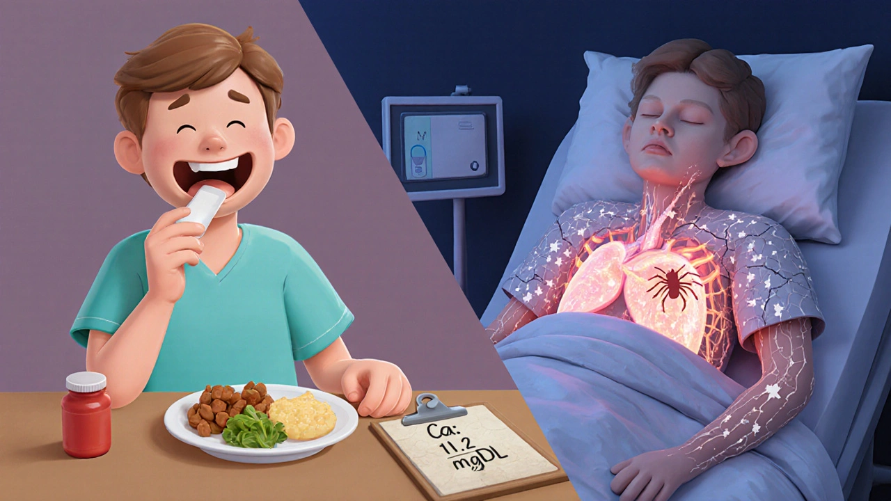 Split scene: patient taking antacid vs. same patient with calcium deposits in heart arteries.