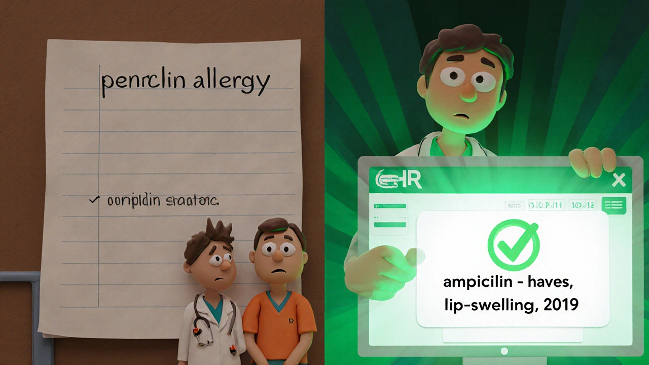 Split scene: vague allergy note causing danger vs. detailed note ensuring safety in medical system.