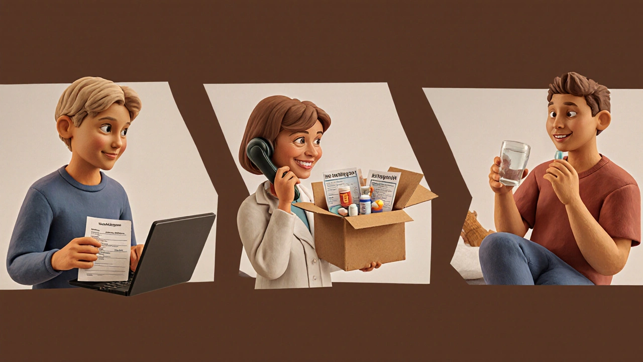 Step-by-step process of online pharmacy counseling from prescription upload to medication delivery.