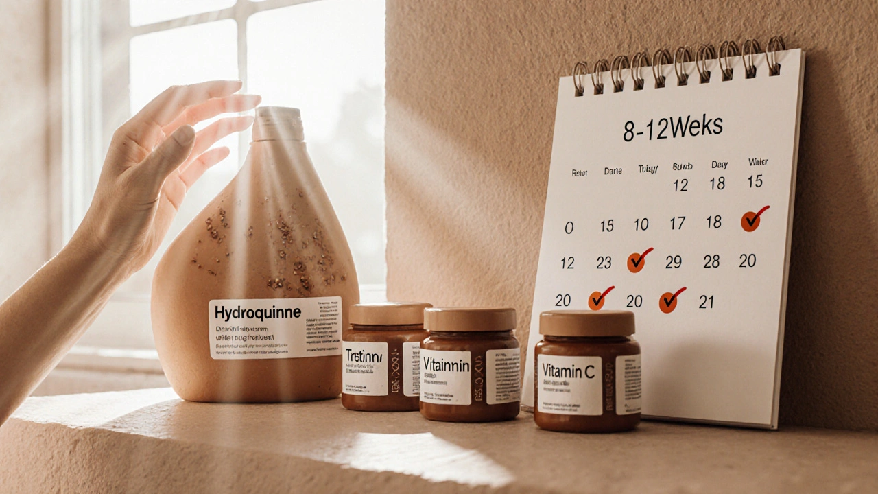 Three topical treatments and mineral sunscreen on a counter with sunlight streaming in.