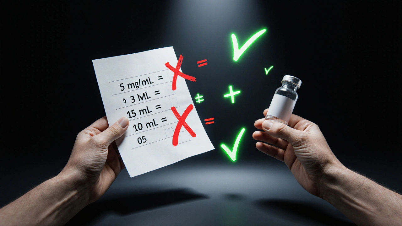 Two hands verifying medication math with correct and incorrect calculations floating between them