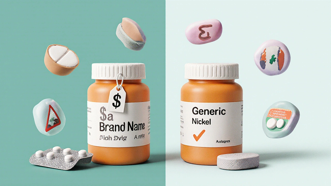 Two pill bottles compared: brand name vs generic, with allergy and interaction icons floating nearby.