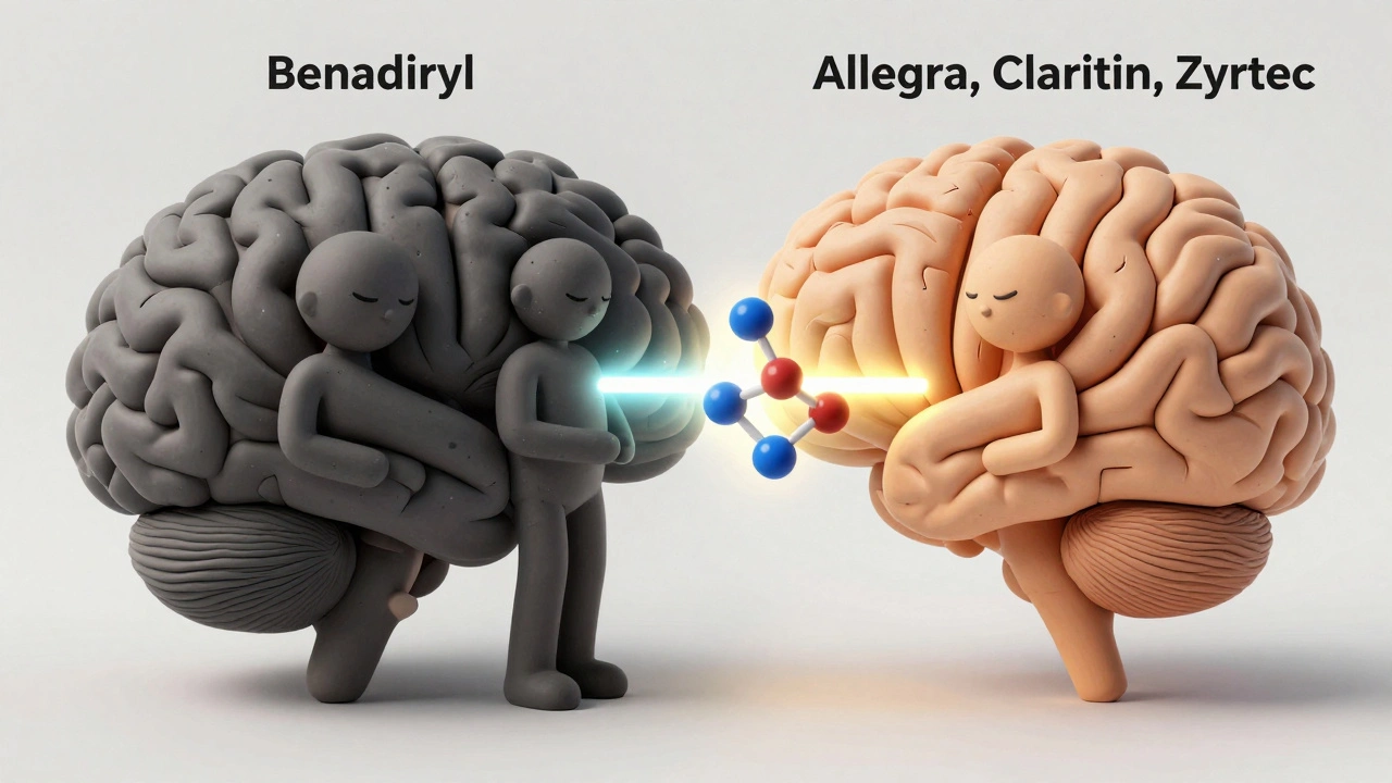 A brain split between drowsy and alert states, with histamine blocked from the clear side.