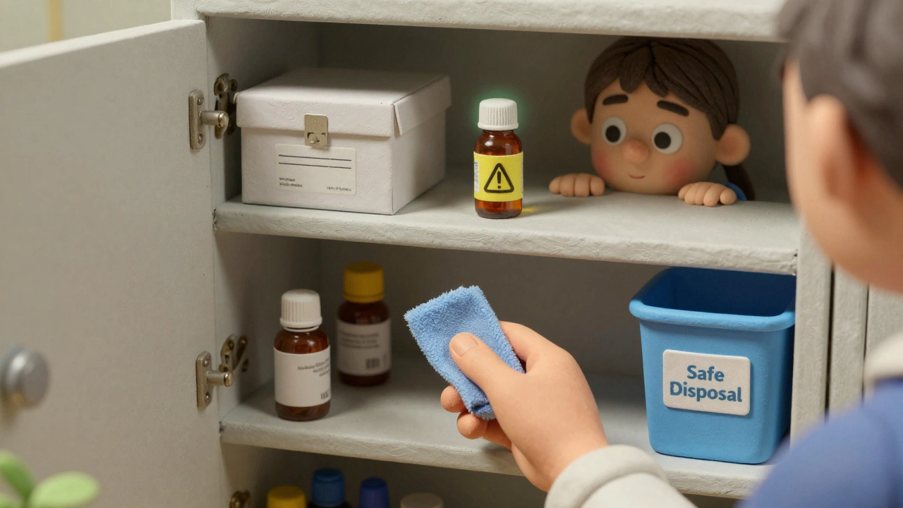 A hand cleaning out an expired medicine cabinet while a child is kept safe by a locked storage box.