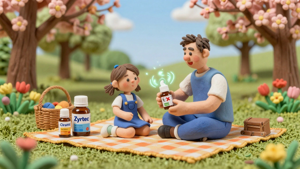 A happy family picnicking with non-sedating allergy meds on a blanket under blooming flowers.