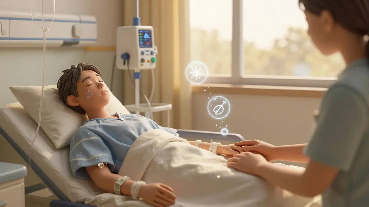 A patient on dialysis at dawn, peaceful as toxins dissolve into the machine, with a loved one holding their hand.