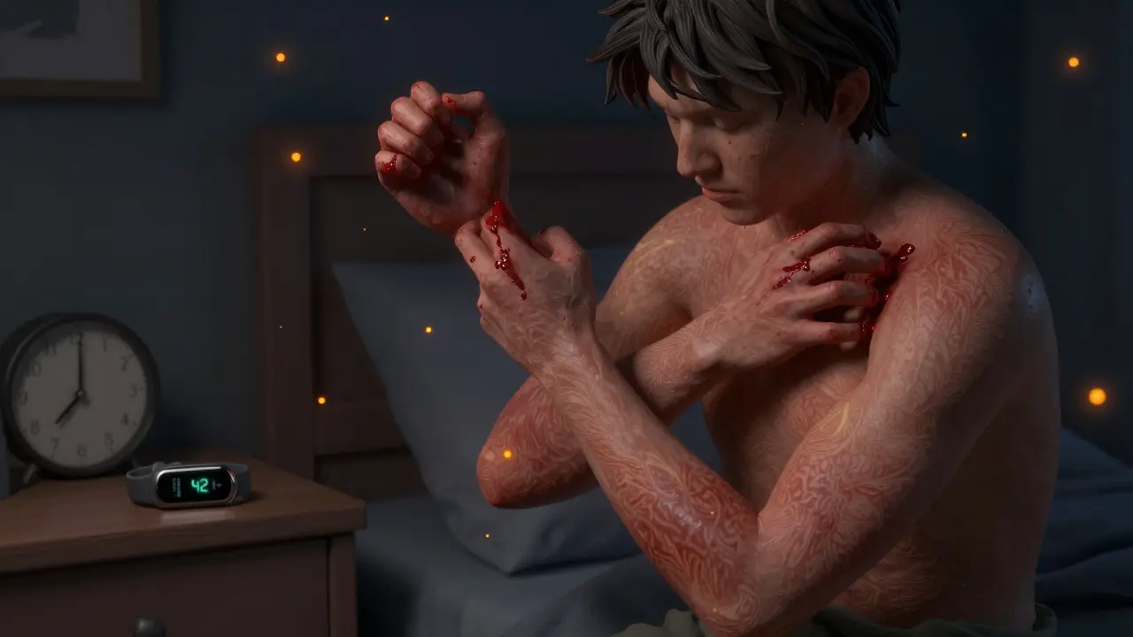 A person scratching their arms and back in bed at night, with glowing itch particles in the air and a low sleep score on a Fitbit.