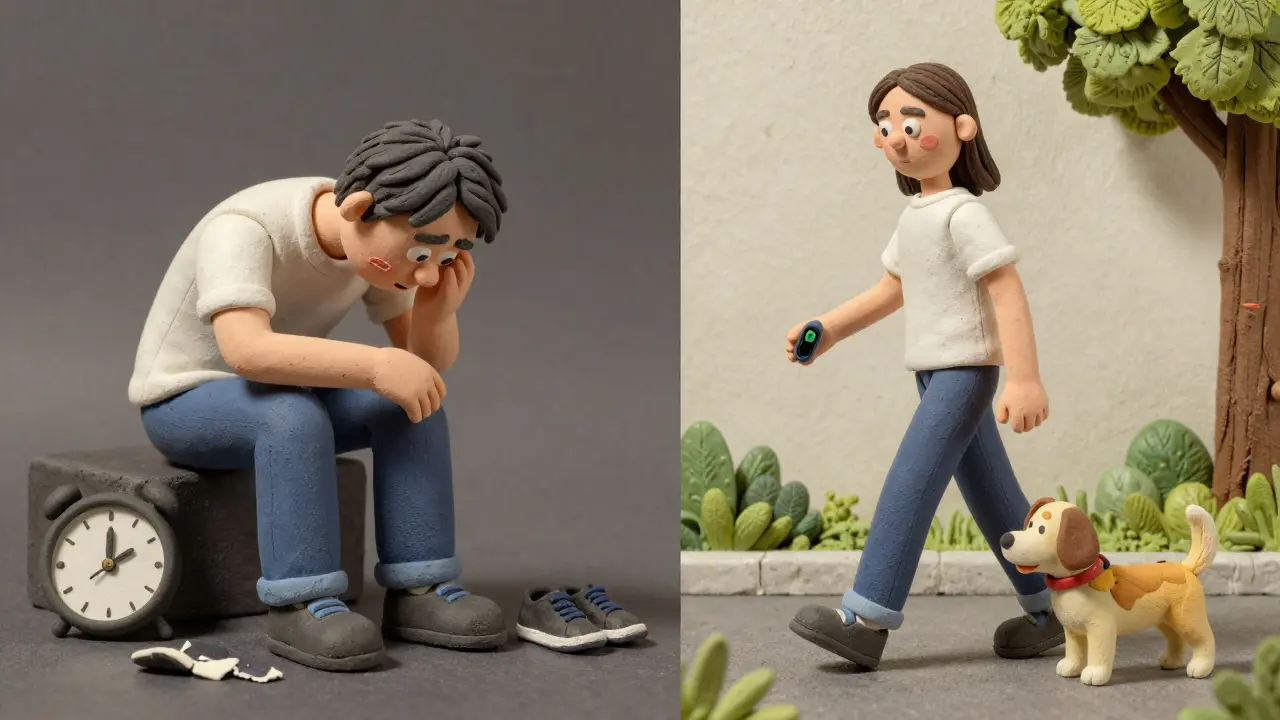 A person transitioning from isolation to gentle movement outdoors, symbolizing progress with chronic pain.