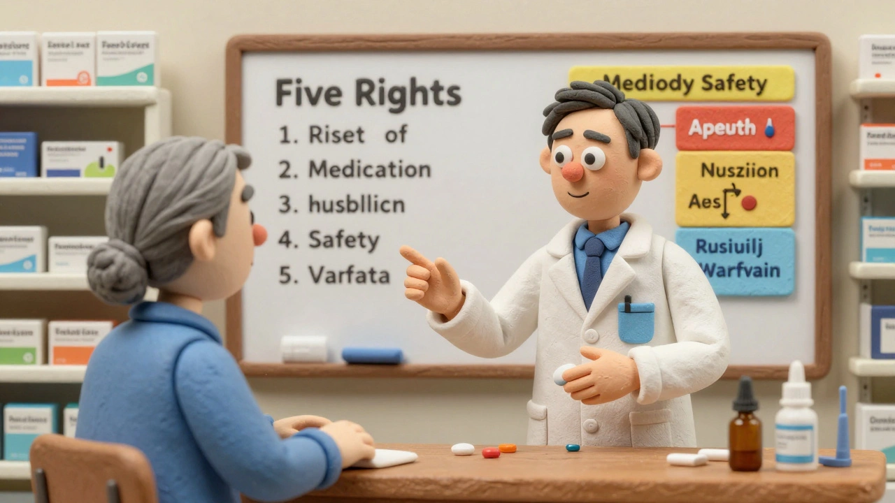 A pharmacist explains medication safety using the teach-back method with a patient, surrounded by safety charts.