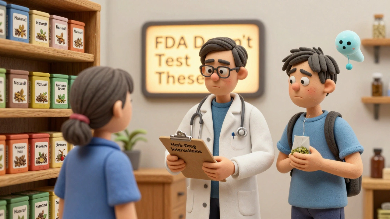A pharmacist guiding a patient away from unlabeled herbal teas with a warning sign.