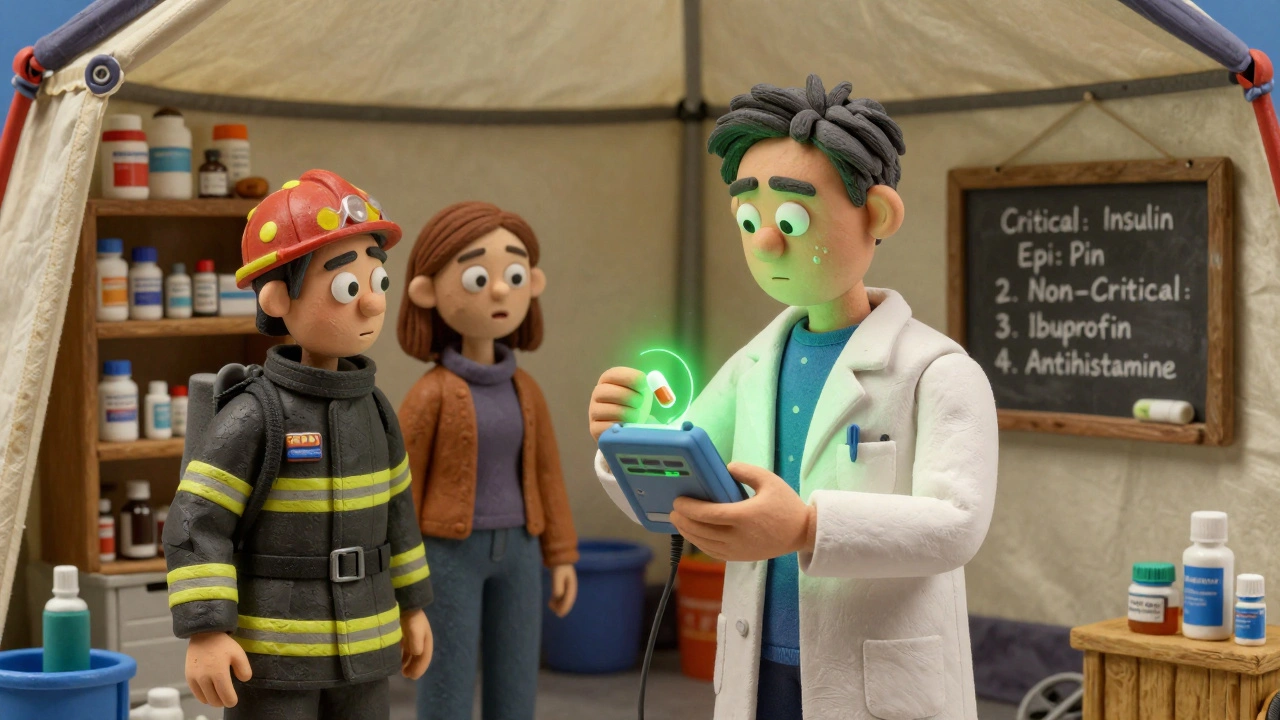 A pharmacist uses a portable device to test an expired pill in a disaster tent, watched by a firefighter and mother.