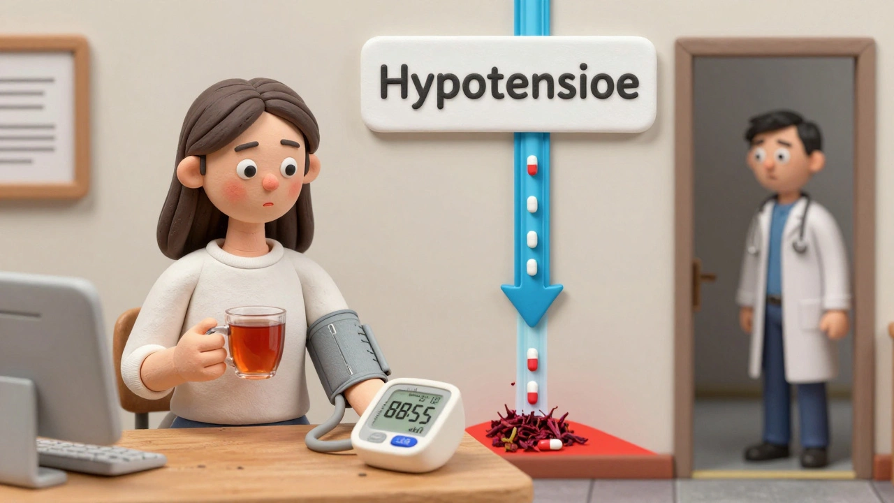 A woman drinking hibiscus tea next to a dangerously low blood pressure reading.