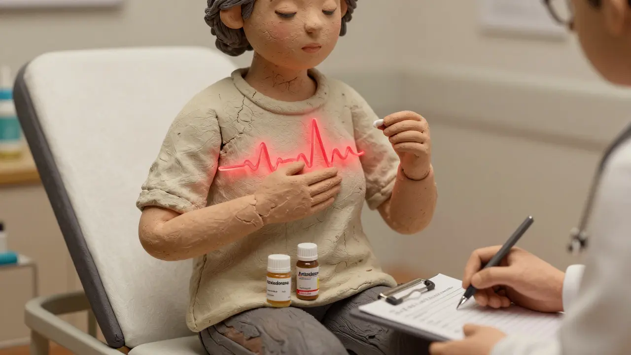 An elderly woman holding a hydroxyzine pill, with a warning red waveform over her chest.