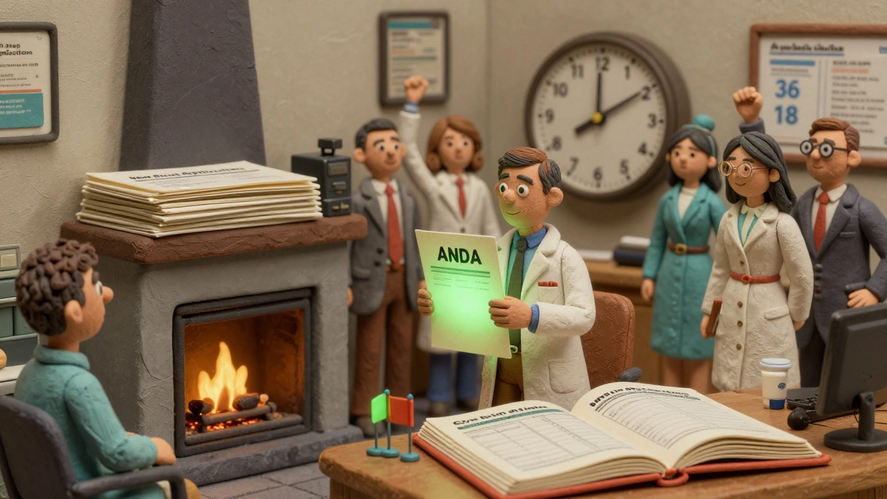 An FDA office scene where old drug applications burn as a new ANDA glows, with scientists celebrating reduced approval times.