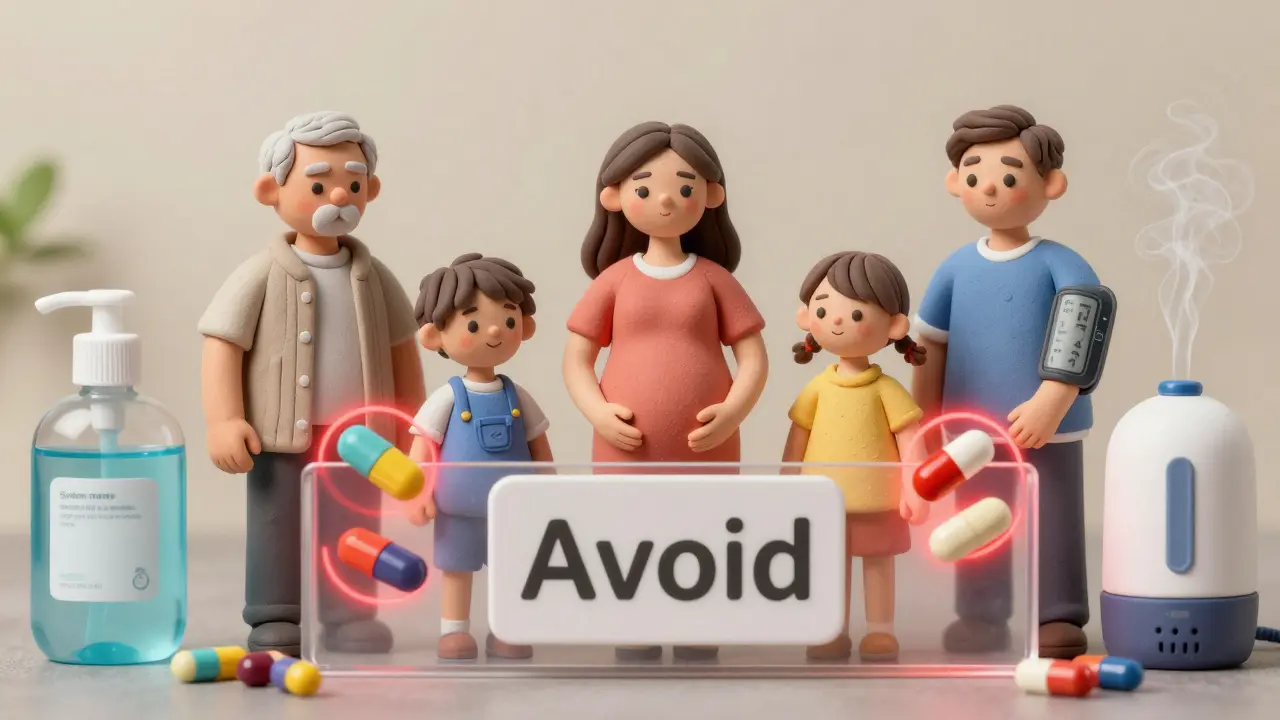 At-risk individuals behind a barrier as dangerous pills hover outside, with safer alternatives nearby.